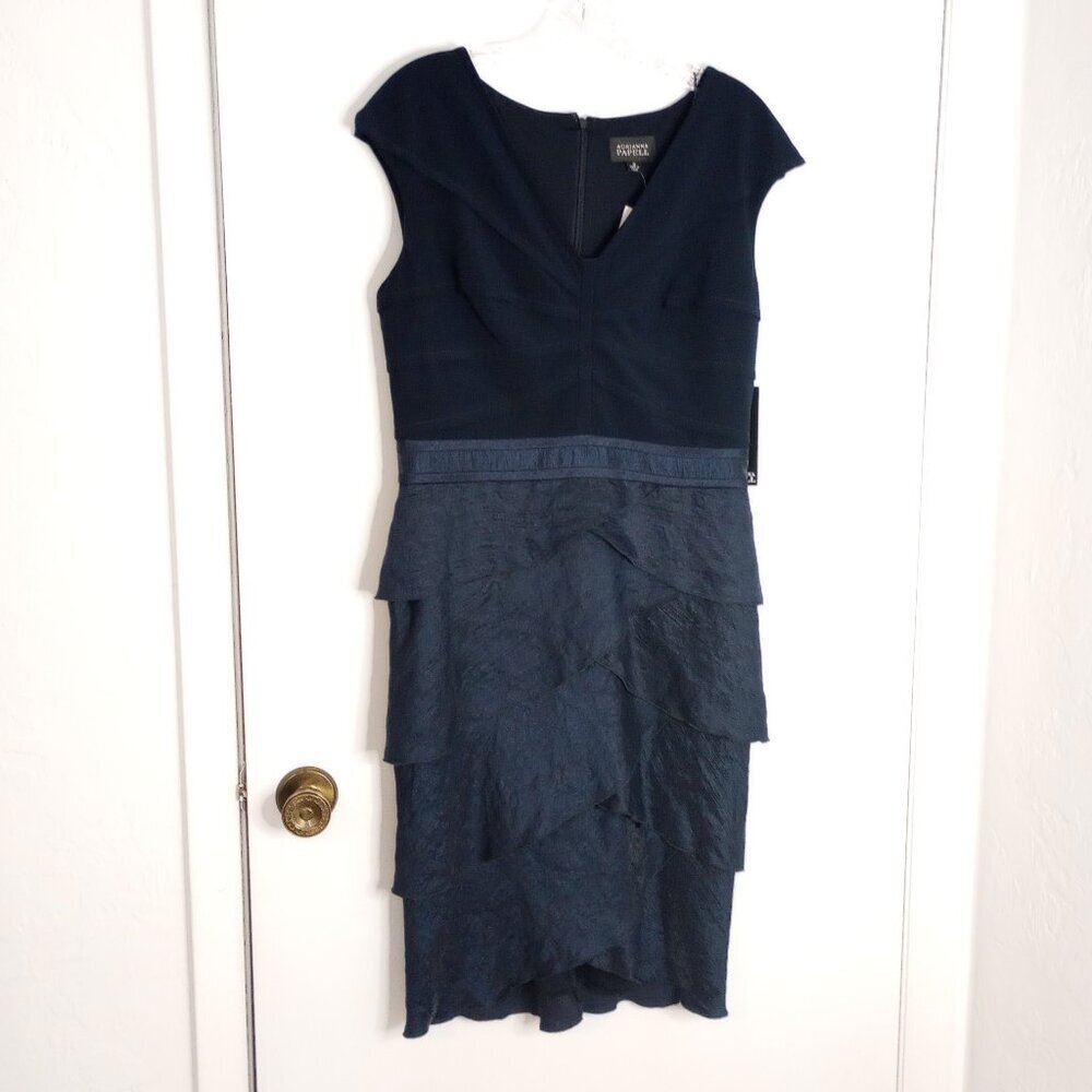 Adrianna Papell Midnight Navy Blue Tiered Ruffle Cocktail Dress - Picture 1 of 11